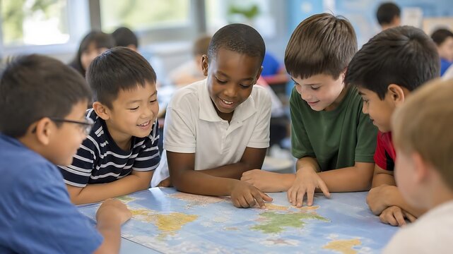 Diverse elementary school children smiling and learning together around a world map in a bright international classroom setting