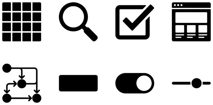 UI UX icons set with grid, search, checkbox, browser window, flowchart, toggle switch and slider for app and web
