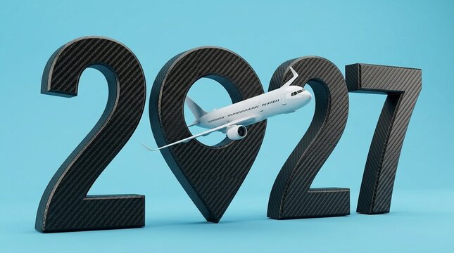 Airliner flying through the number 7 in the year 2027, symbolizing future travel and navigation.
