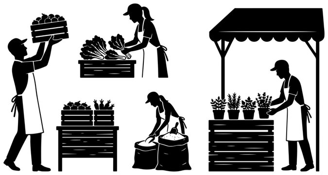 Farmers market silhouettes set with vendors selling fresh produce, plants and bulk goods for logo or signage