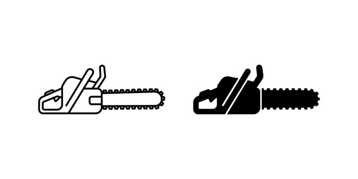 Chainsaw icon set showing graphic design vectors featuring black silhouettes and outline styles on transparent background