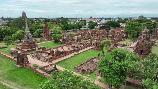 Aerial view of the historic ruins of Wat Mahathat at the Ayutthaya historical park, Thailand