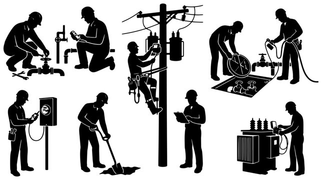 Utility worker silhouettes set with electrician on pole, meter reading, digging and transformer inspection for industry and energy sector