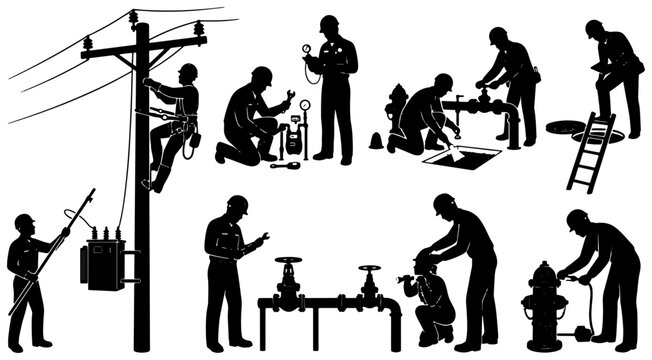 Utility workers silhouettes set with lineman, gas fitter, plumber and inspector for infrastructure and maintenance logos