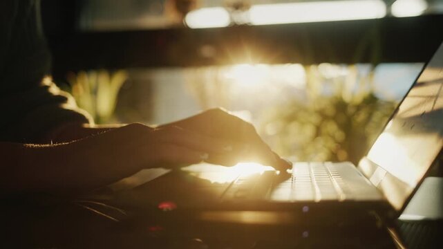 Hands typing on laptop keyboard in bright sunbeams, dynamic video footage of work at golden hour.