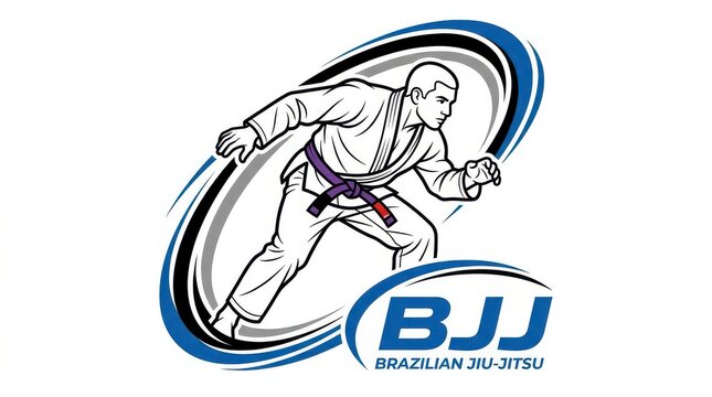 Brazilian Jiu-Jitsu BJJ Fighter Vector Illustration with Purple Belt and Dynamic Swoosh Design for Martial Arts Logo