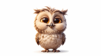 Fototapeta premium Cute Baby Owl Holding Snack Character Fluffy Brown Bird Illustration 3D Render
