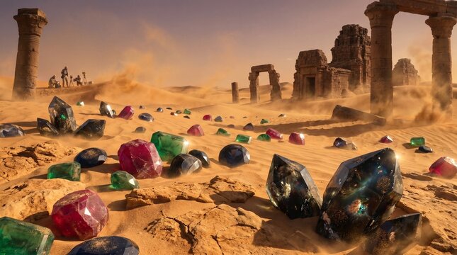 Fabulous gems and precious crystals scattered on the sand near ancient ruins in a dusty desert landscape