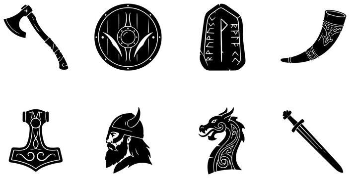 Viking symbols set with axe, shield, rune stone, helmet, dragon and Mjolnir for logo or print