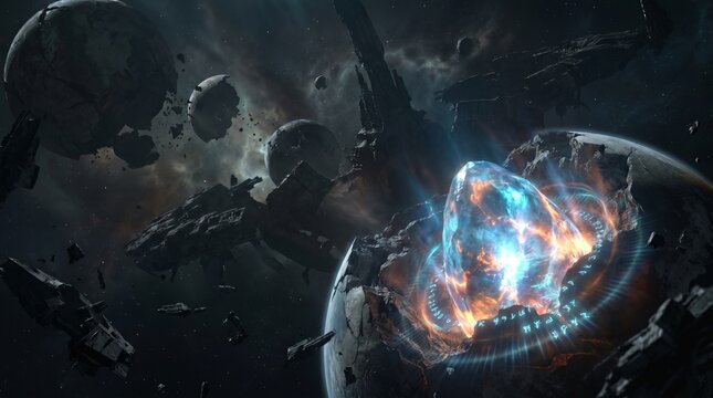 Futuristic Space Battle with Exploding Planet and Cosmic Energy Core