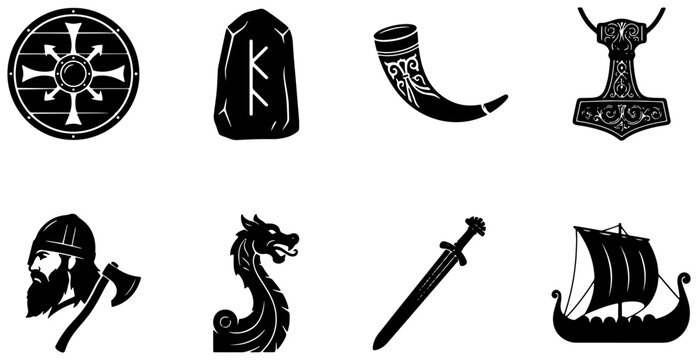 Viking silhouettes set with shield, axe, sword, rune stone and ship for Norse mythology