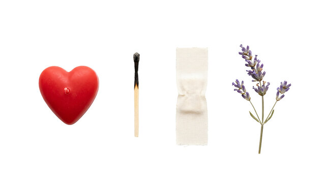 Heart candle, burnt matchstick, medical plaster, and purple lavender branch isolated on transparent background