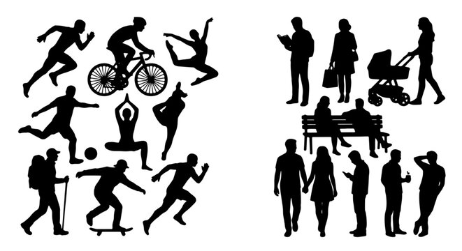 People silhouettes set with runners, cyclist, yoga, soccer player, hiker, skateboarder, dancer and families for lifestyle and sport concepts