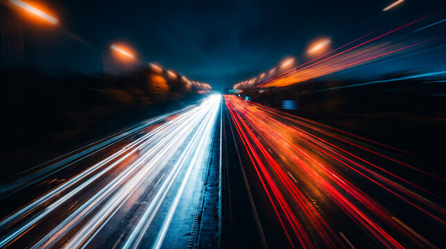 Night highway traffic light trails with fast motion blur on urban freeway road