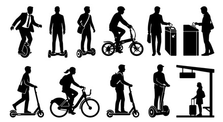 Urban mobility silhouettes set with unicycle, hoverboard, bicycle, scooter, segway and public transport gate for app and web © Pavel
