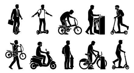 Personal transport silhouettes set with people using scooters, bicycles, hoverboards and electric unicycle for urban mobility © Pavel