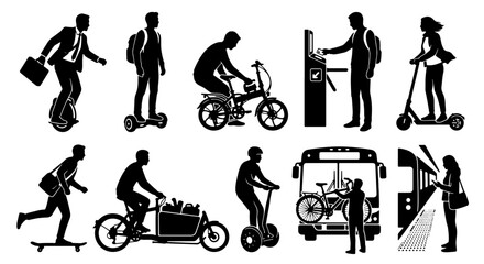 Urban transport silhouettes set with electric scooter, bicycle, unicycle, hoverboard, skateboard, bus and train for app and web © Pavel