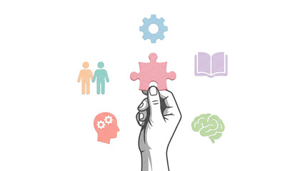 Hand holding pink puzzle piece surrounded by colorful pastel icons and symbols on transparent background © we.bond.png