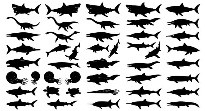Prehistoric sea creatures silhouettes set with sharks, plesiosaurs, and ammonites for logo and infographic