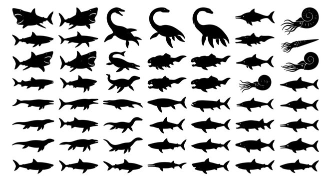 Prehistoric ocean predators and marine life silhouettes set for logo, signage, app and web