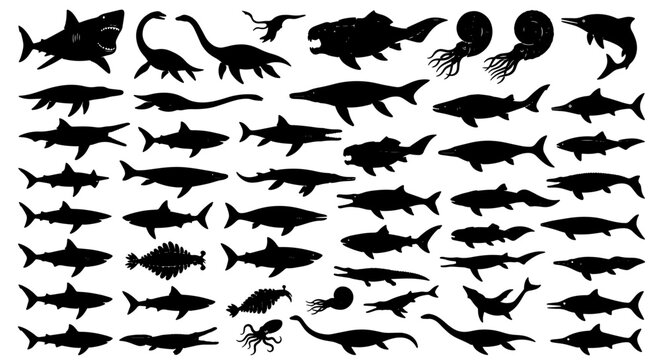 Prehistoric ocean predators silhouettes set with sharks, plesiosaurs, ichthyosaurs, ammonites for logo