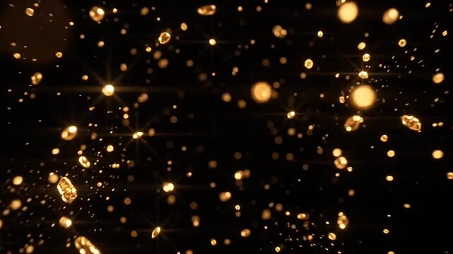 Golden embers swirling against a black background with glowing light f