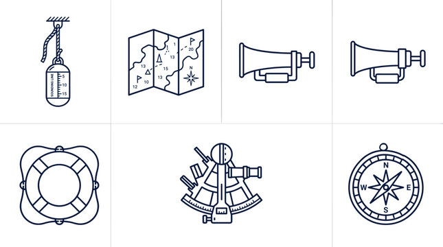 Nautical navigation tools and safety equipment icons set vector illustration