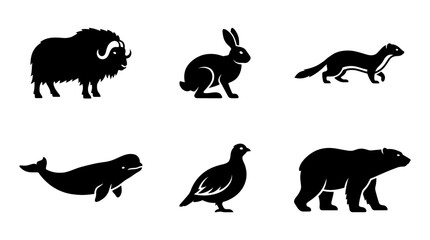 Fototapeta premium Collection of Arctic Animal Silhouettes Including Musk Ox Rabbit Weasel Beluga Whale Grouse and Polar Bear