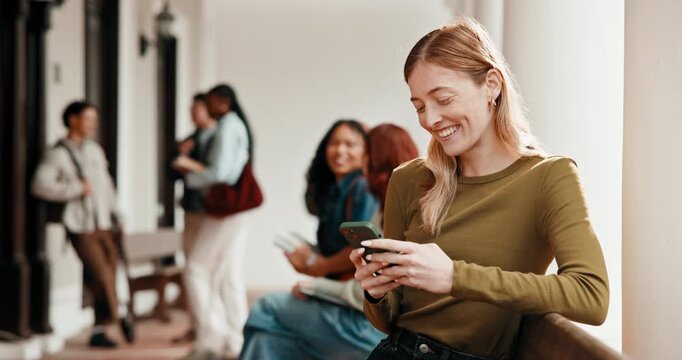 Laugh, student and happy woman with phone for education, academic information or college website. Campus, female person and smile for joke with results, assessment or online for module project