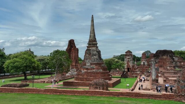 Aerial view of the historic ruins of Wat Mahathat at the Ayutthaya historical park, Thailand