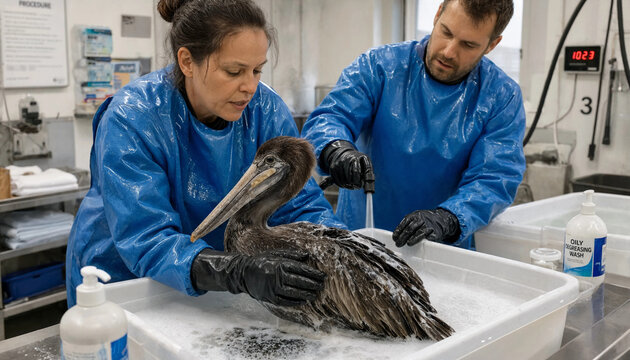 Wildlife rescuers washing oiled pelican in animal rehabilitation center using degreasing soap