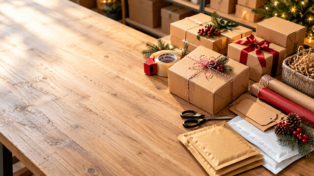 Christmas gift wrapping station with brown paper packages, red ribbons, pine sprigs, and shipping supplies on a wooden table