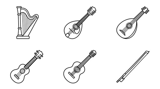 Collection of String Musical Instruments Harp Mandolin Lute Ukulele Guitar and Bow