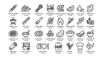 Fototapeta premium Collection of black line icons depicting various grilling ingredients tools and food preparation items with transparent backgrounds