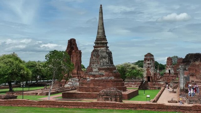 Aerial view of the historic ruins of Wat Mahathat at the Ayutthaya historical park, Thailand