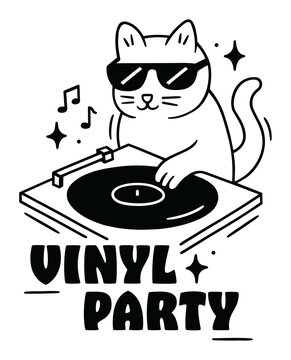 Vinyl party record player turntable night theme analog music DJ cat isolated illustration for event invitation card. 80s disco vintage retro aesthetic decor black hand drawn poster print shirt design.