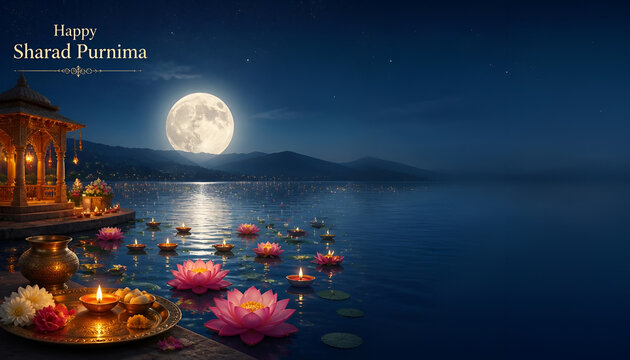 Full moon over a serene lake during sharad purnima festival with floating lotus lamps