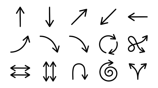 Various hand drawn arrow directions and pointers set with direction navigation movement straight creative presentation scribble illustration informational