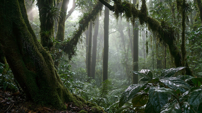Misty Subtropical Cloud Forest Interior With Moss Covered Trunks and Hanging Epiphytes in Volumetric Morning Light, South America