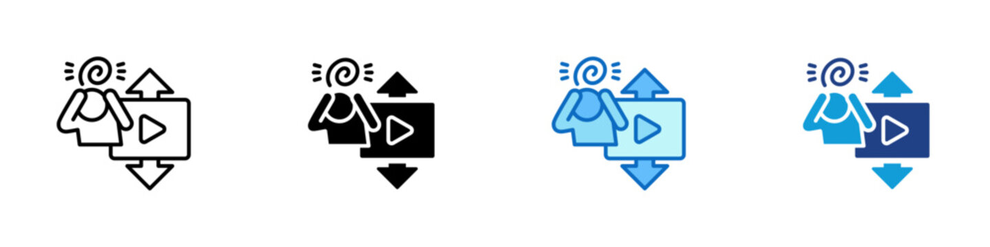 Scroll Fatigue Multiple Style Icon Design Vector - Person with dizzy head and phone representing scroll fatigue, endless scrolling exhaustion, and screen overuse burnout for wellness content