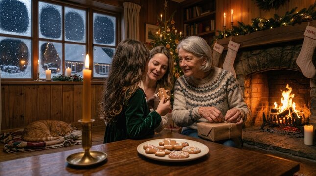 Multigenerational winter gathering: merry christmas, family holiday, hearth warmth, festive celebration, gingerbread treat, gift exchange, cozy evening, candle glow.