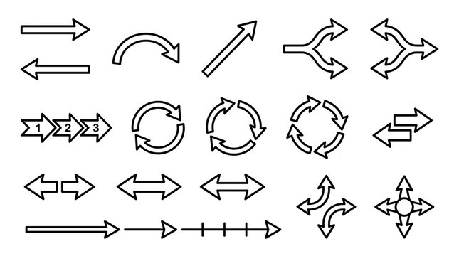 Assorted hand-drawn sketch arrows depicting bidirectional flow splits loops with bidirectional handdrawn collection pointers elements navigation movement strategy