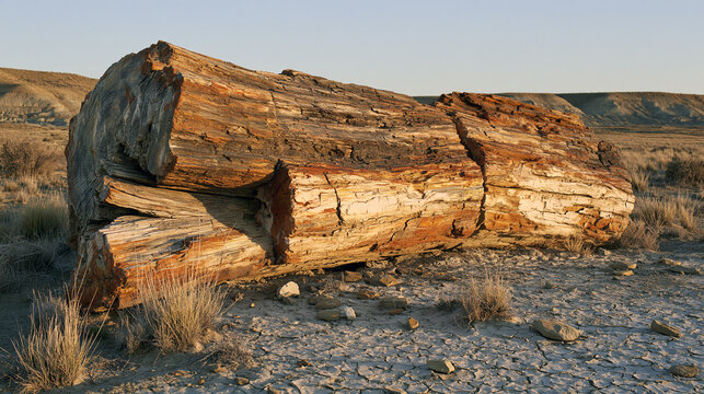 Large Petrified Tree Trunk With Wood Grain Texture on Cracked Clay Steppe Ground Under Raking Late Afternoon Light, Patagonia Argentina