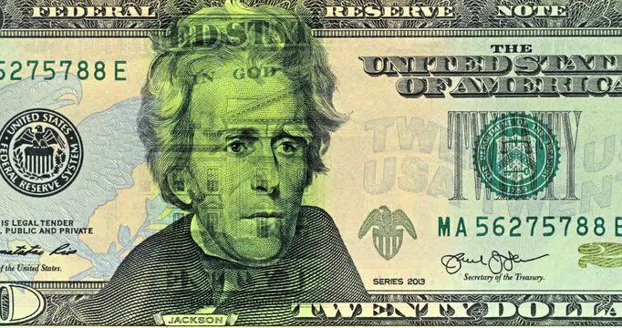 Jackson Twenty Dollars Bill Under Security Scan. Twenty dollar banknote with Jackson undergoes security scanning revealing crisp engraved details.