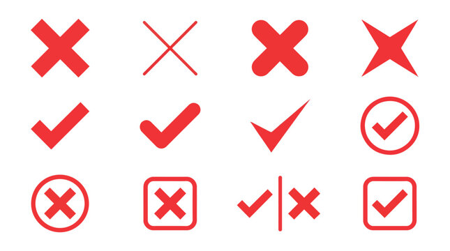 Red Cross Check Mark Icon Element Set, Vector symbols for approval and rejection, Minimalist tick and x marks for UI design, Red voting buttons, choice, vote, no, correct, wrong, error, success.