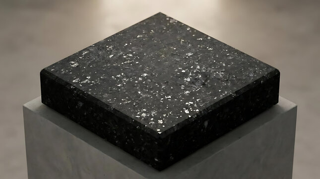 Close-up of a polished black stone surface displayed on a minimalist pedestal in an art gallery with soft ambient lighting and a sleek modern aesthetic