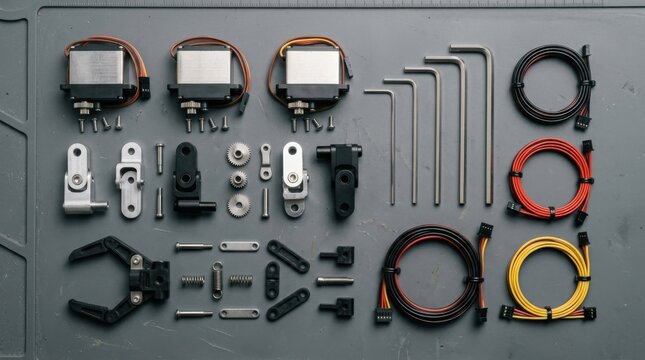 Robotics components including servo motors, actuator joints, gripper claws, hex wrenches and wiring harnesses arranged on a workbench.