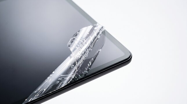 Smartphone with transparent screen protector film, mobile phone display protection, tempered glass accessory, gadget care, modern technology device closeup