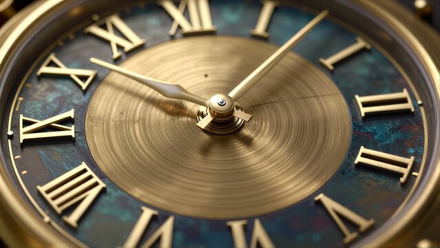 Antique clock with golden Roman numerals and a swirling blue background.