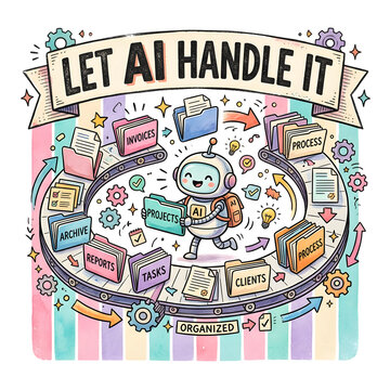 Cute robot character with let ai handle it text illustration in a colorful doodle art style